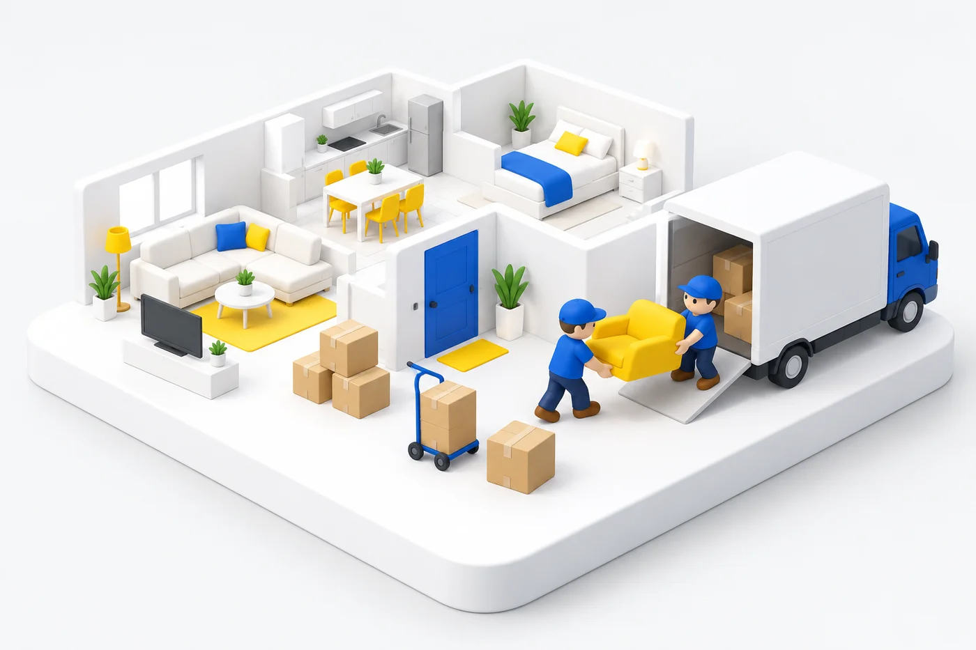 Miniature clay-style apartment moving scene with blue and yellow furniture and a truck.